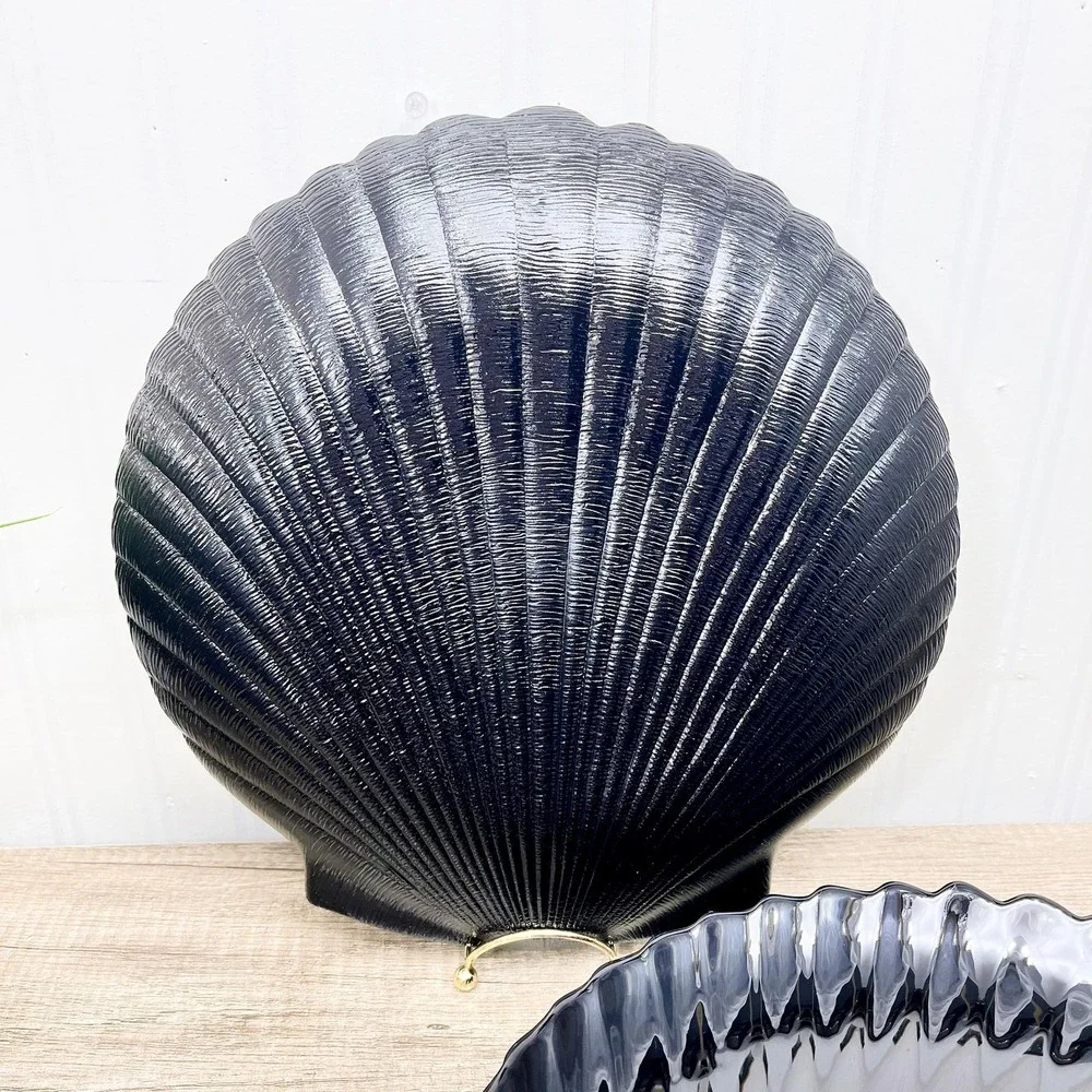 Vintage Arcoroc France Black Glass Seashell Plates Tableware Set of 6
